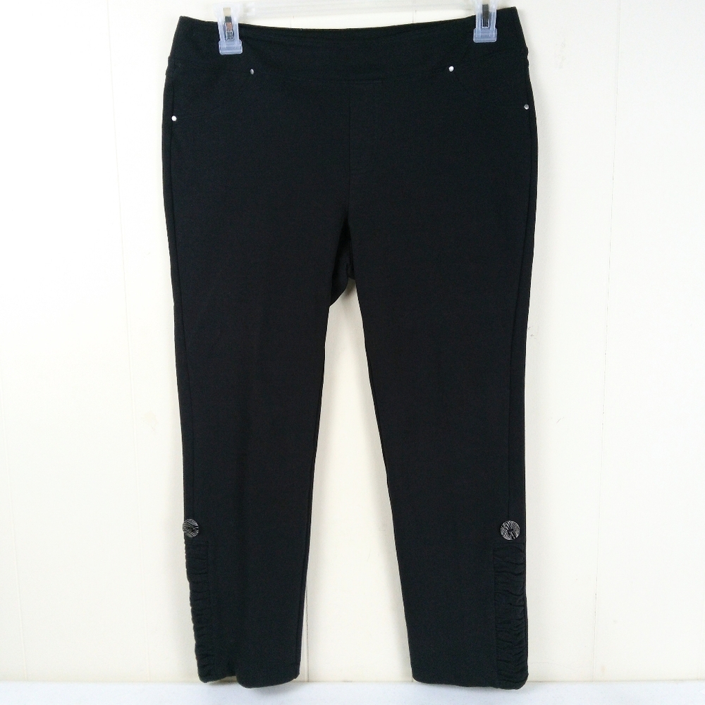 Soft Surroundings Pull On Black Pants Size M Stretch Casual Ruched Faux Pockets